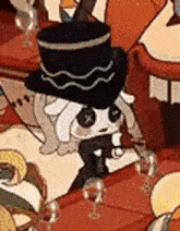 a cartoon character wearing a top hat is sitting on a table with glasses of wine .