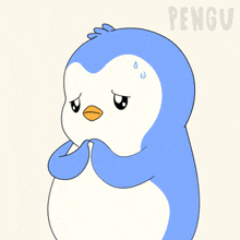 a blue and white penguin with the word pengu written on the bottom