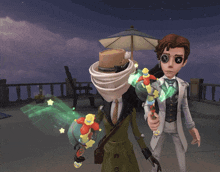 a man in a white suit stands next to a woman in a trench coat