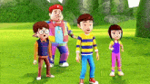 a group of cartoon characters are standing in a field