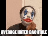 a woman with a clown makeup on her face is applying lipstick .