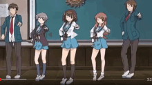 a group of anime characters are standing in front of a blue board with the number 3.2 on the bottom right