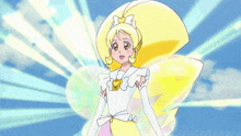a cartoon character with yellow hair and a white dress