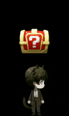 a cartoon character is standing next to a treasure chest with a question mark