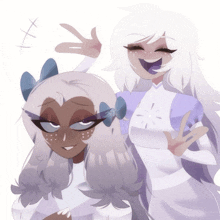 a drawing of two girls with white hair and bows on their heads