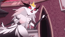 a cartoon character with a crown on her head is standing in front of a wall .