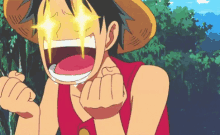 monkey d luffy from one piece is making a surprised face with his eyes glowing .