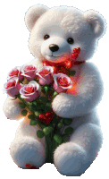 a white teddy bear is holding a bouquet of roses