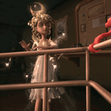 a doll with a crescent moon on her head is standing on a balcony