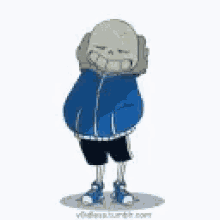 a cartoon of a skeleton wearing a blue jacket and black shorts .