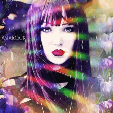 a woman with purple hair and red lips is surrounded by flowers and the word asiarock