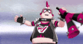 a cartoon character with the letter a on his shirt is holding a pink object