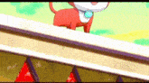a cartoon dog is standing on top of a wooden railing .