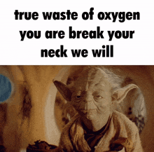 a picture of yoda with a caption that says true waste of oxygen you are break your neck we will