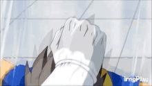 a cartoon of a man and a boy fighting each other with a purple background .