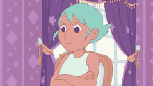 a cartoon character with blue hair is sitting in front of a window with her arms crossed