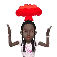a cartoon character with a red explosion on her head and the word hello on her shirt
