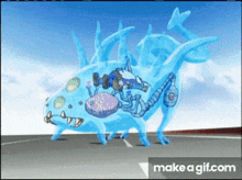 an animated image of a blue monster with a make a gif.com button below it