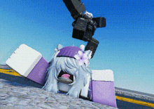 a girl in a purple and white outfit is laying on the ground with her mouth open .