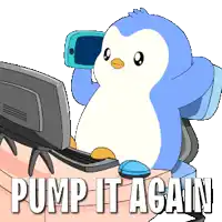 a penguin is sitting in front of a computer with the words pump it again written below it