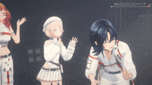 a group of anime girls are standing next to each other and one of them is wearing a jacket that says reglos3d