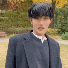 a young man wearing a black jacket and a sweater is standing in a park .