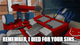 a cartoon of a robot with the words " remember i died for your sins "