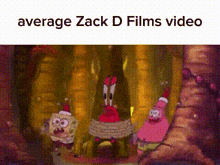 a cartoon of spongebob , krabby krabs , and patrick star tied up in a cave .