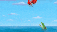 a cartoon character is riding a dragon over the ocean .