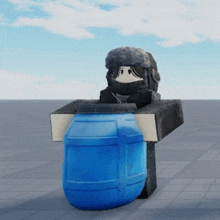 a cartoon character is holding a blue barrel