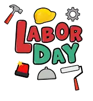 a sign that says labor day with a hard hat hammer and paint roller