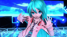 hatsune miku is wearing headphones and a pink tie while dancing on a stage .