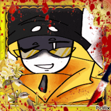 a picture of a man wearing sunglasses and a hat is surrounded by blood and flowers with the words picmix at the bottom