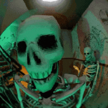 a skeleton with a green light behind it and a skull in the background