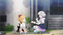 two anime characters are talking in spanish and one says " oh pero cada quien la mitad "