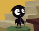 a black cartoon character with big eyes is standing on a green podium .
