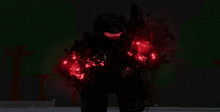 a person with a cross around their neck is surrounded by red glowing lights