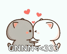 a couple of cartoon cats kissing each other with hearts flying around them .
