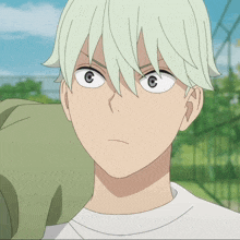 a cartoon character with white hair and a green jacket