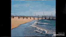 a painting of a beach with a pier in the background is made in animatica