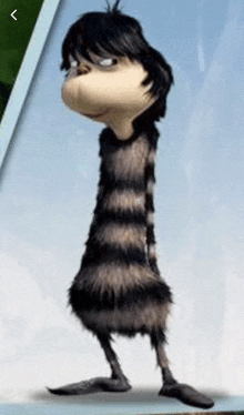 a cartoon character with long legs and a very long neck is standing on a table .