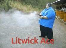 a man in a blue shirt is holding a gun and the name litwick ace is on the bottom