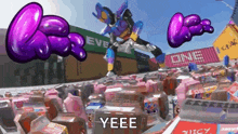 a purple robot is flying over a pile of cans and boxes with the word yeee written on the bottom