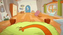 a cartoon drawing of a room with a cat 's paw on a pillow