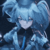 a close up of a blue haired anime girl holding a knife in a dark room .