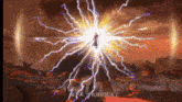 a man is surrounded by lightning with chinese writing on the bottom