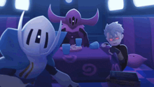 a cartoon of a man sitting at a table with a purple table cloth that says ' g ' on it