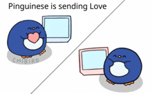 a penguin is sending love to another penguin with a heart in a box