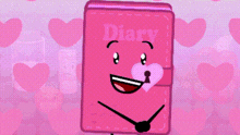 a pink diary with a face and a heart on its cover .