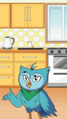 a cartoon owl wearing a green scarf is standing in front of a kitchen